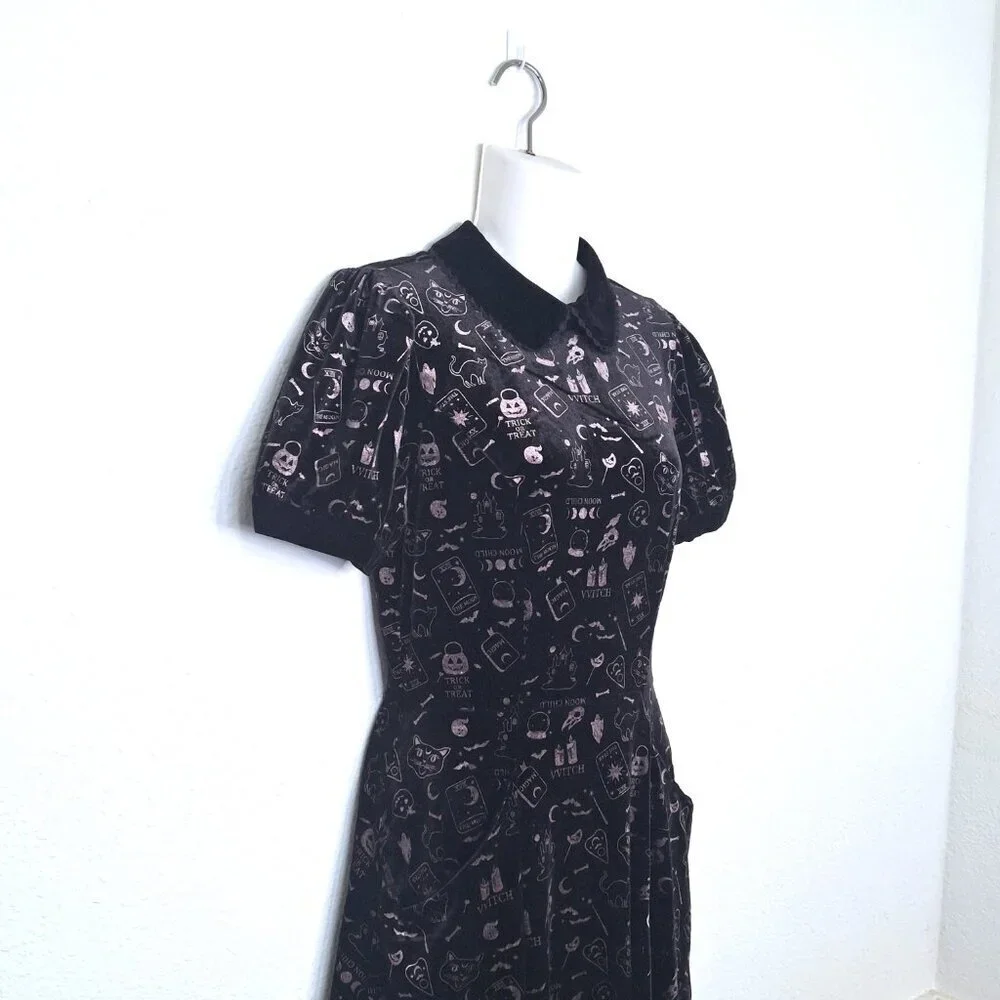 Collectif London Halloween Skater Dress Midi Sz S Velvet Novelty Print Pockets - Picture 4 of 16